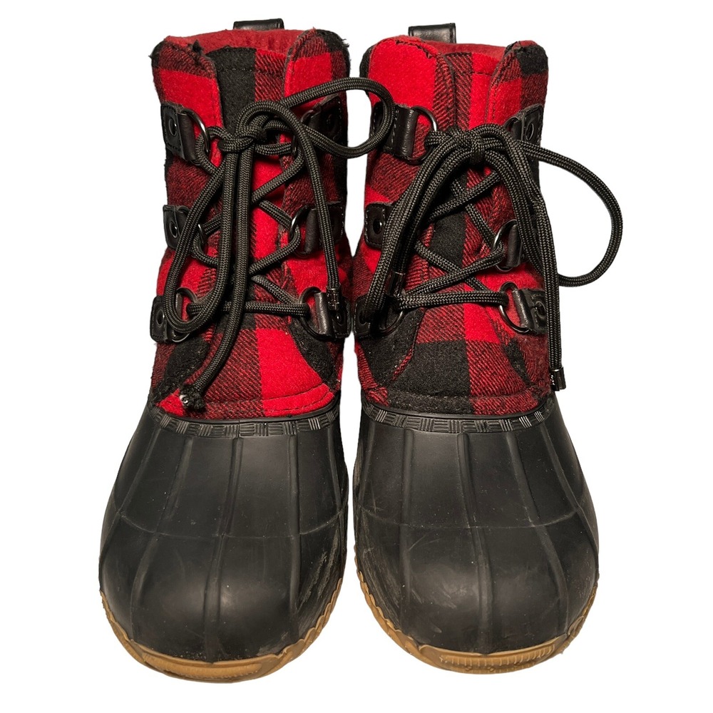 Tommy Hilfiger Buffalo Plaid Duck Rain Water Boots 8 Red Black Holiday Christmas - Picture 2 of 11